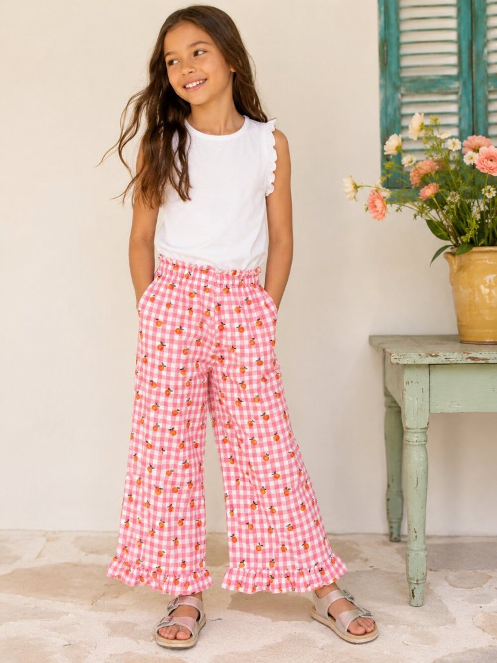 Mini Boden Pink Gingham Orange Print Linen Blend Wide Leg Pants 9Y - Picture 4 of 4